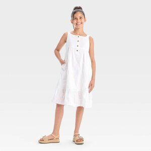 Cat Jack L Girls Sleeveless Midi Dress Eyelet Embroidered Lace Trim White